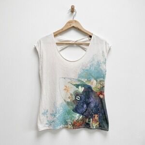 Ett:Twa Womens Large White‎ Rhino Graphic Cap Sleeve Twisted Open Back Tee Shirt